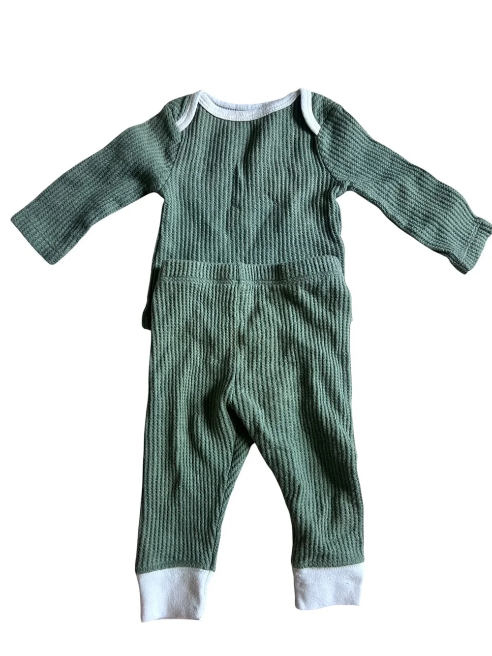cloud island Green Waffle-Knit Baby Romper with White Trim